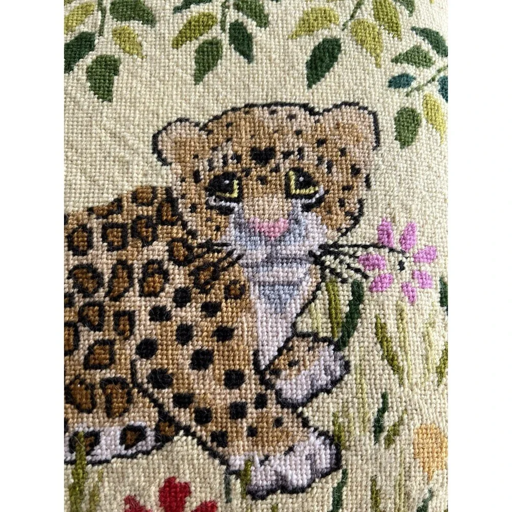 Vintage Needlepoint Pillow Ribbed Velvet Baby Cheetah Leopard Flowers 12 x 12
